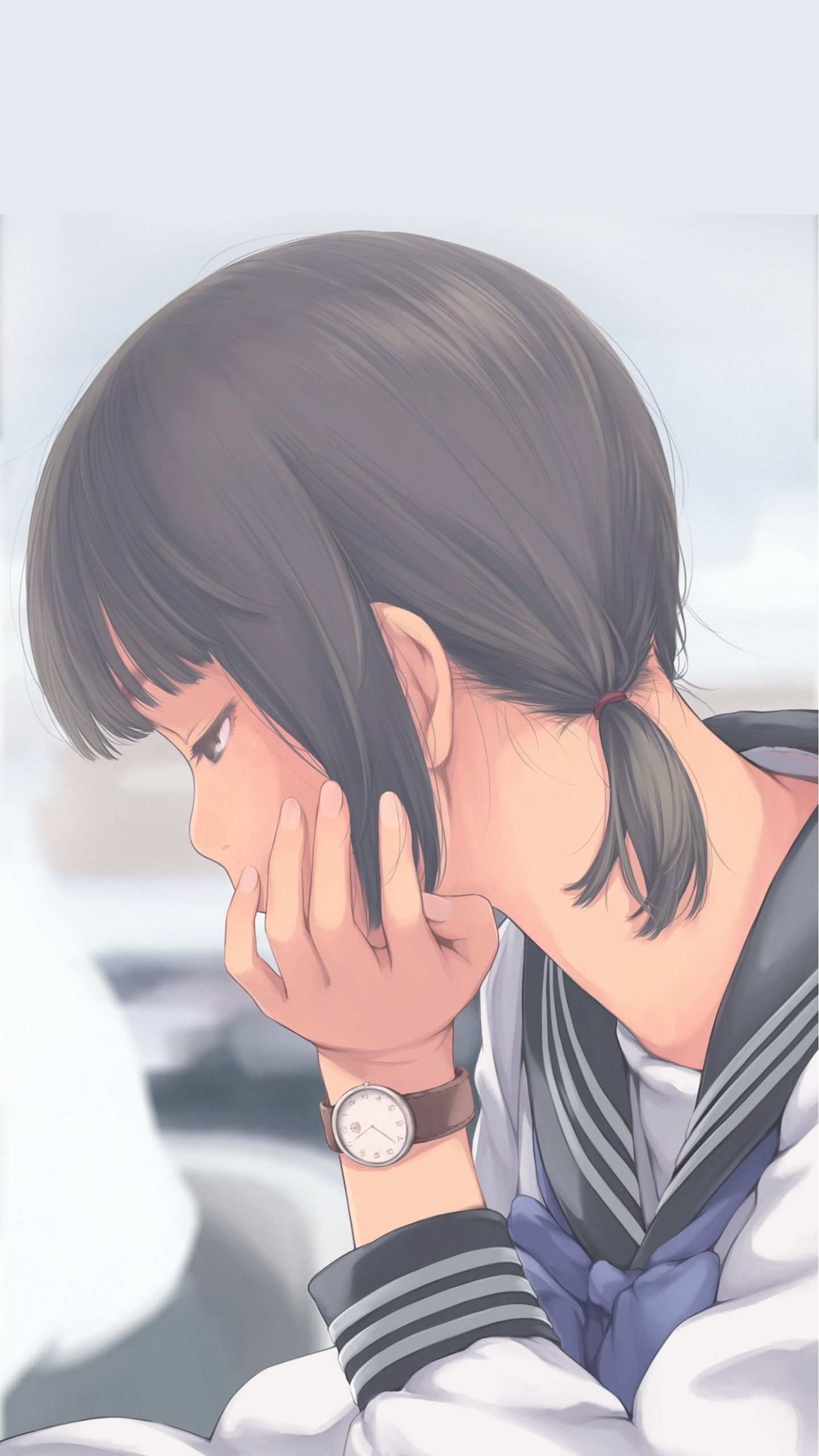 单手托头看书的动漫学生妹手机壁纸