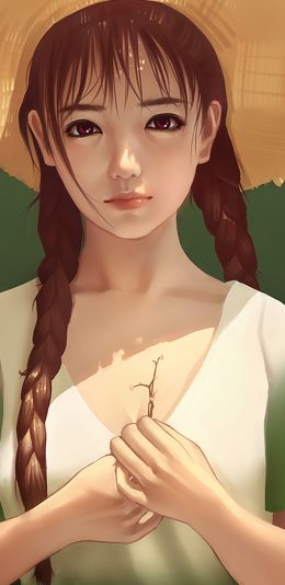 手绘戴草帽绑着大辫子的动漫少女近照手机壁纸