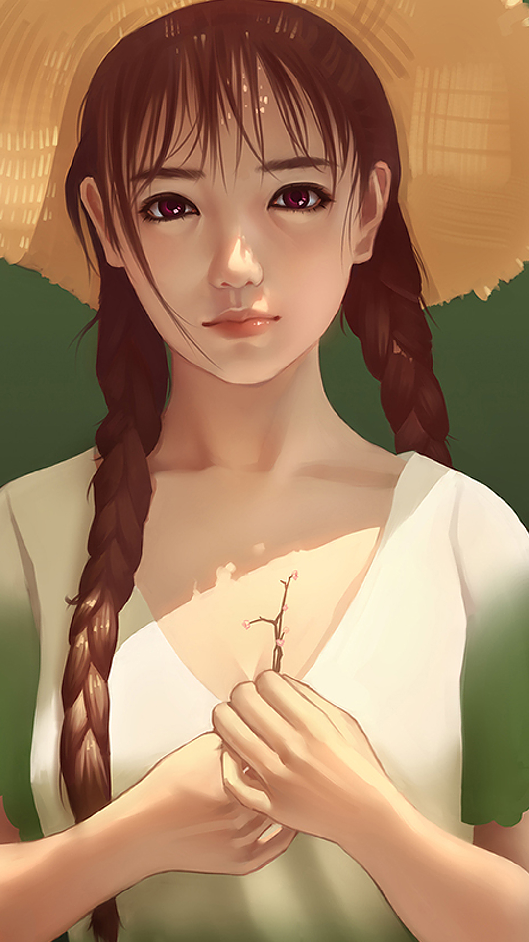 手绘戴草帽绑着大辫子的动漫少女近照手机壁纸