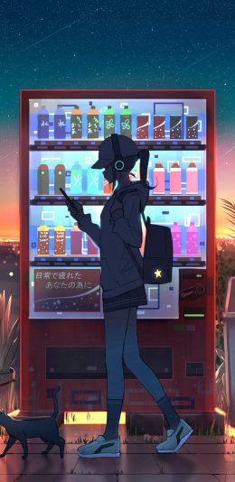 走过售卖机背着背包头戴耳麦玩着手机的少女