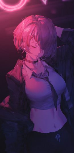 粉色霓虹灯下的时尚短发动漫女生