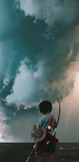 站在海边背着弓箭的短发动漫少女背影高清手机壁纸