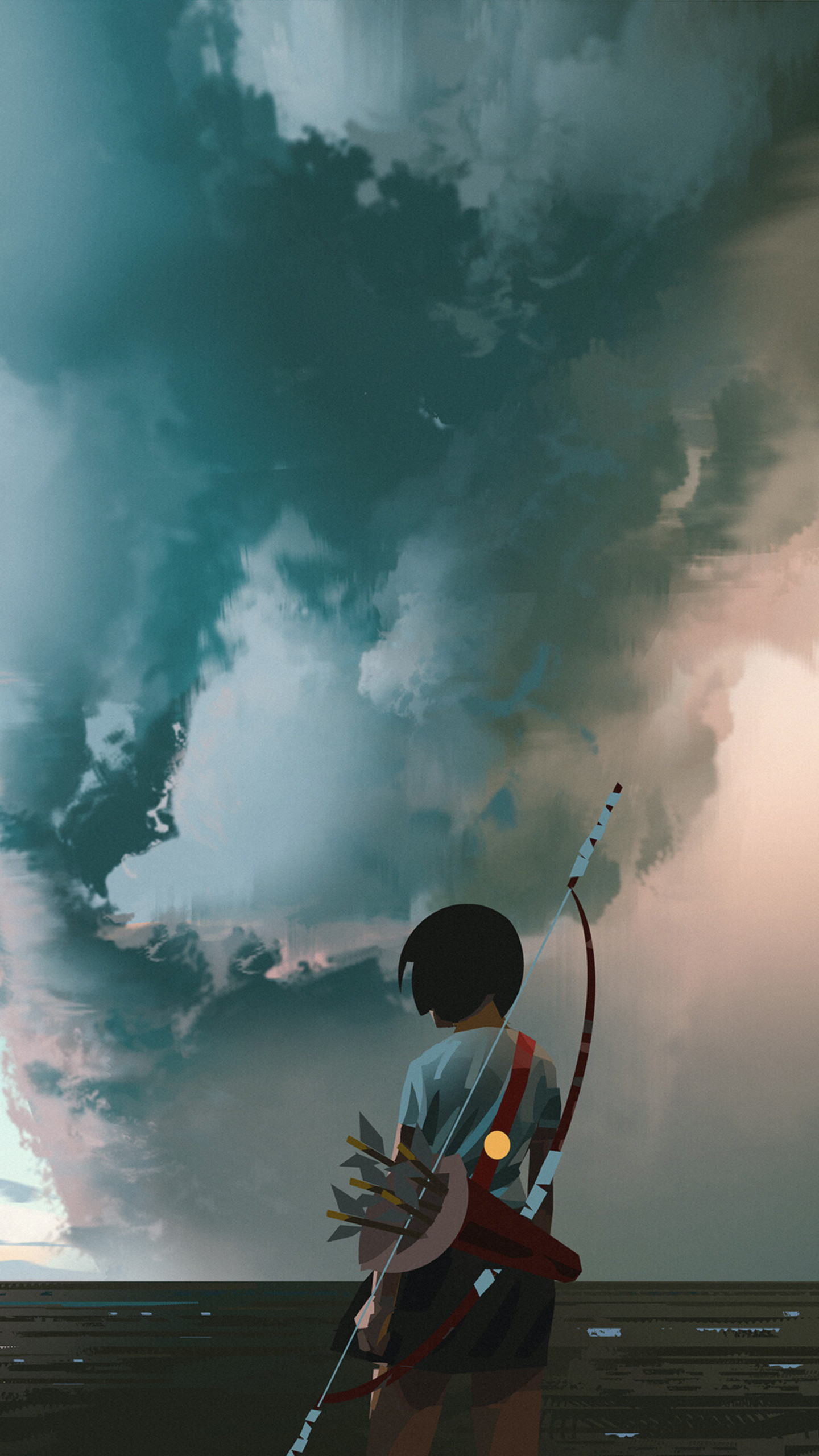 站在海边背着弓箭的短发动漫少女背影高清手机壁纸