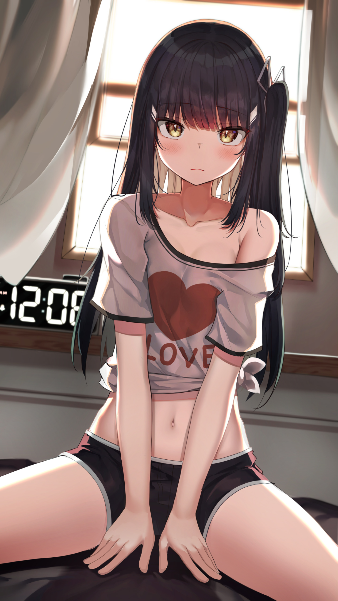 穿爱心露脐装T恤的大眼二次元动漫少女手机壁纸