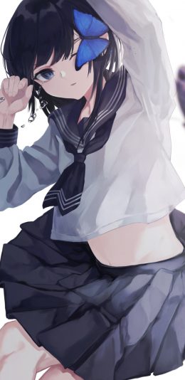 穿学生服和蓝色蝴蝶玩耍的动漫少女插画手机壁纸