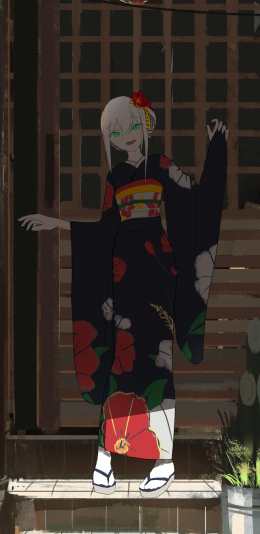 手绘人像画壁纸，穿黑色和服和木屐的动漫少女