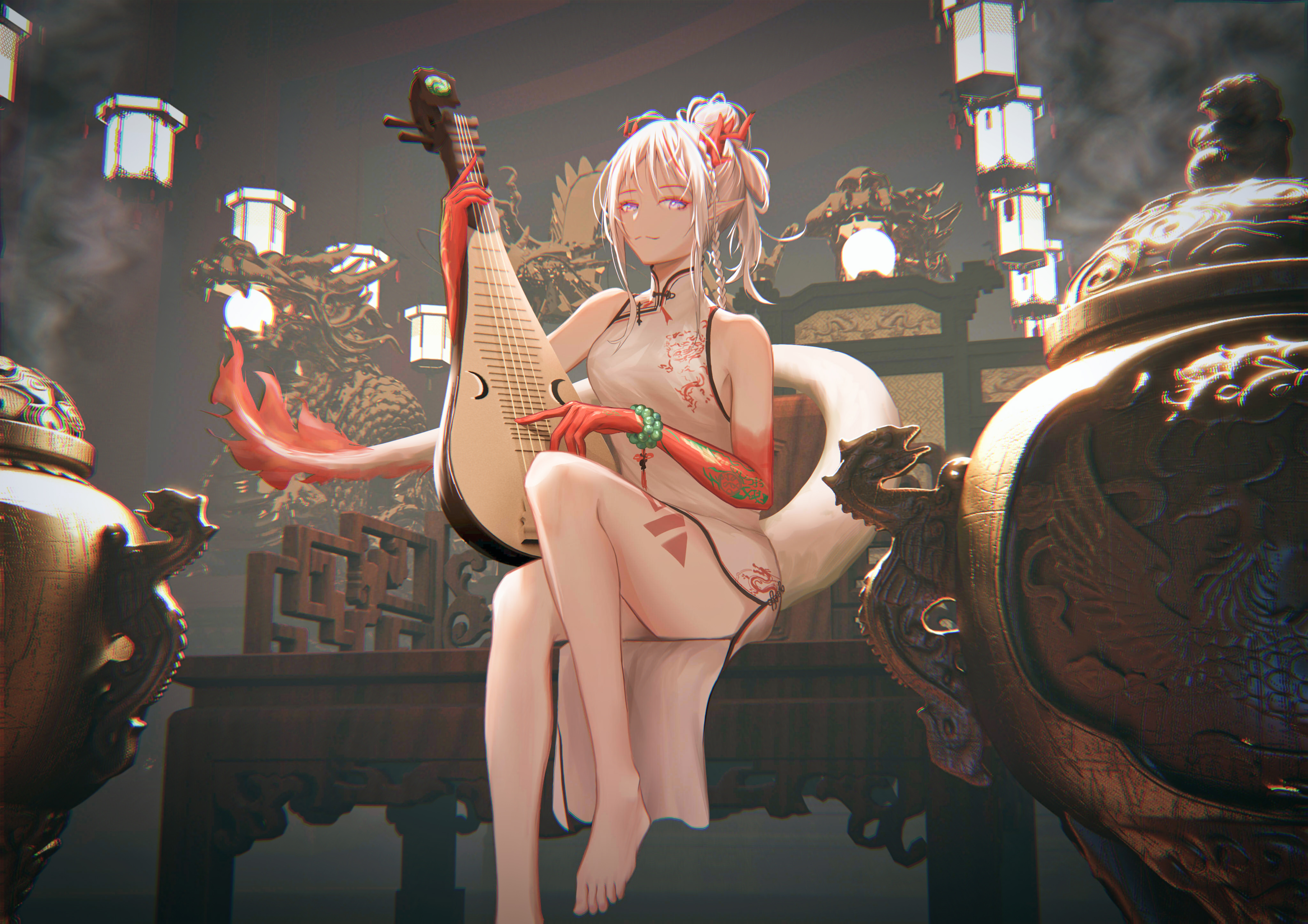 《明日方舟》年穿着旗袍弹琵琶4k电脑桌面壁纸