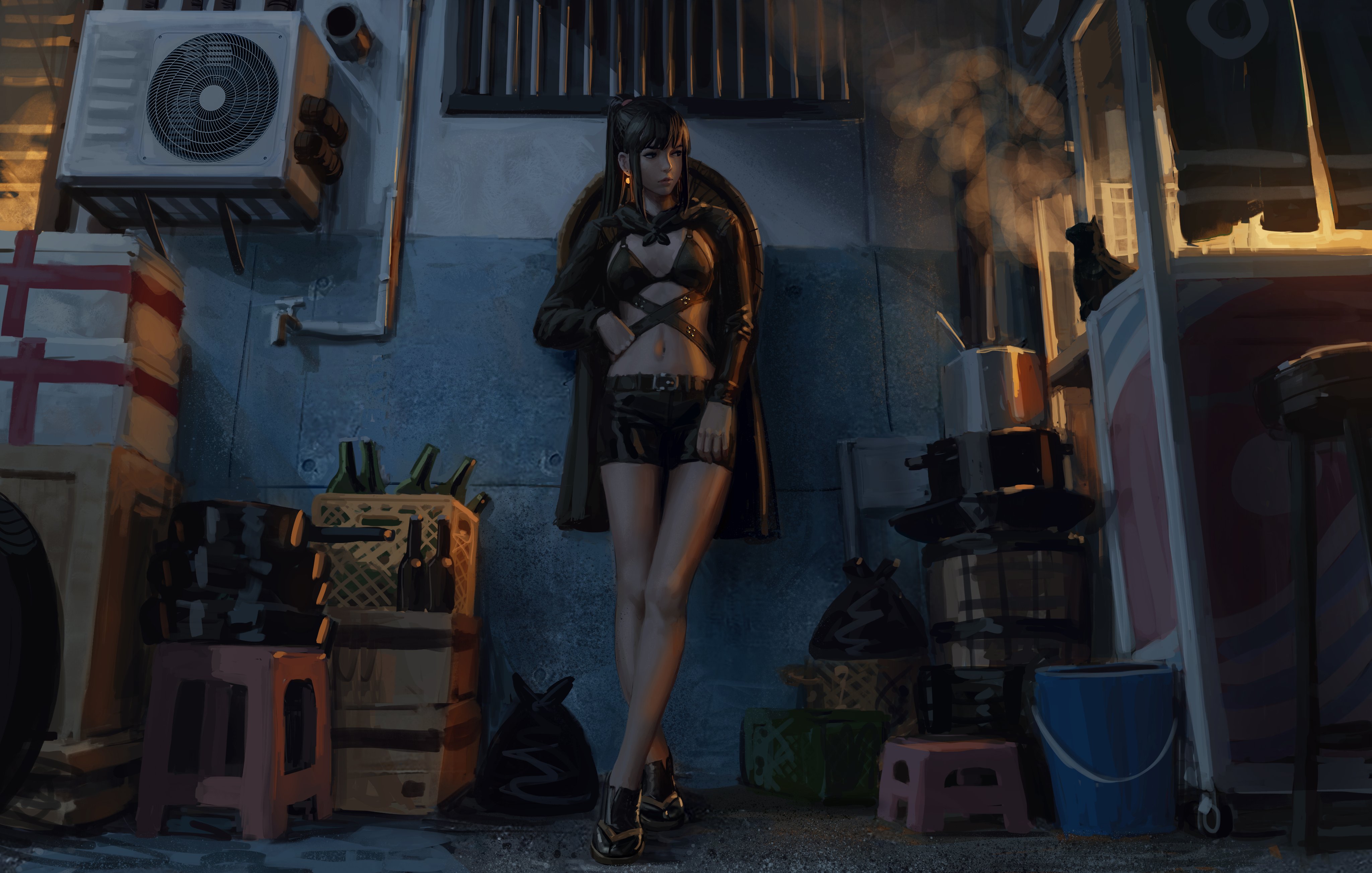 背着斗笠倚靠墙壁看着黑猫4k电脑桌面壁纸