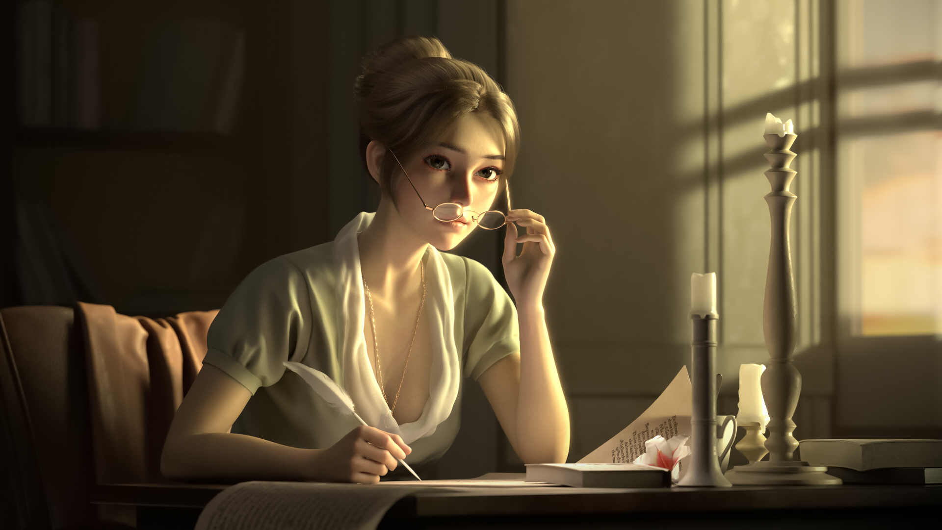 戴眼镜写字的动漫美女