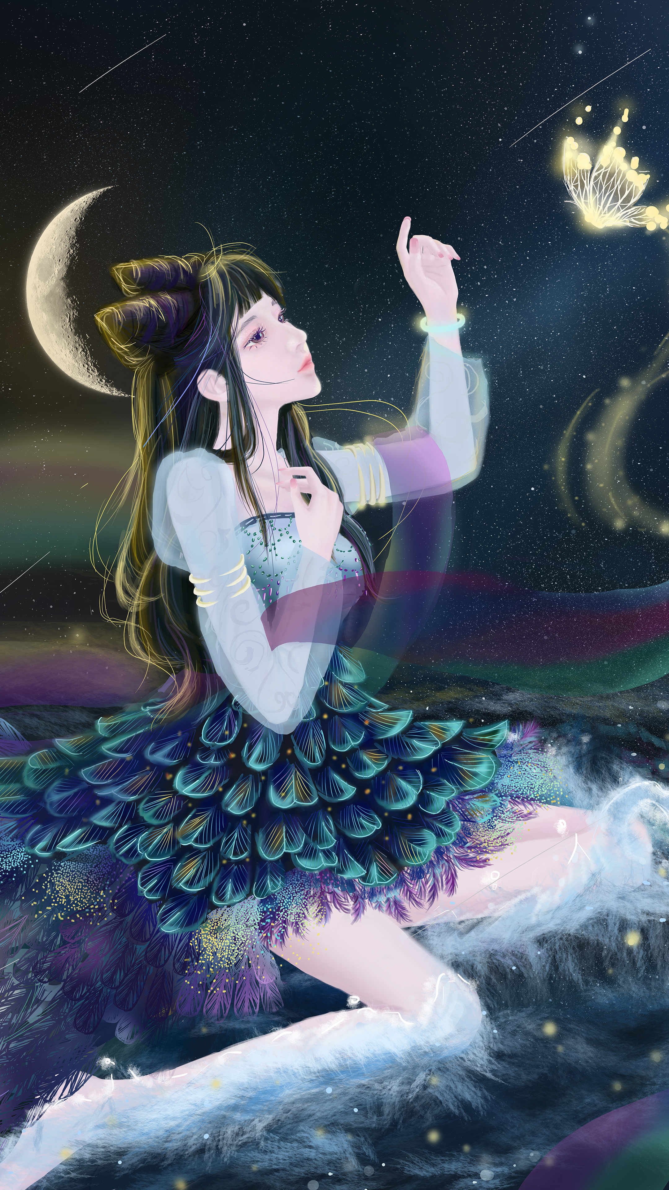 原创 巴图BATU 古风女孩 丝绸 夜晚海 月亮 蝴蝶4k手机壁纸竖屏动漫