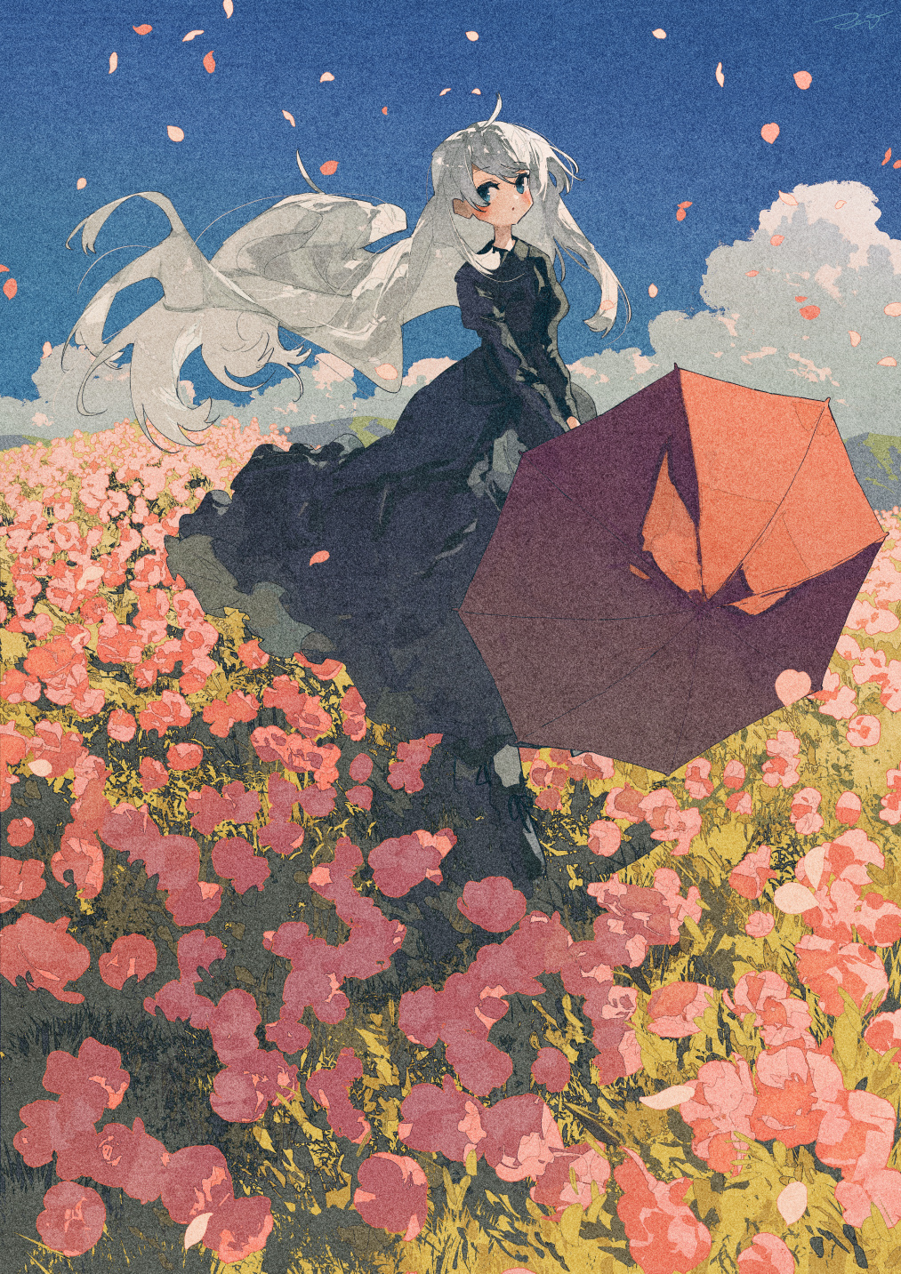 动漫女生在花丛散步