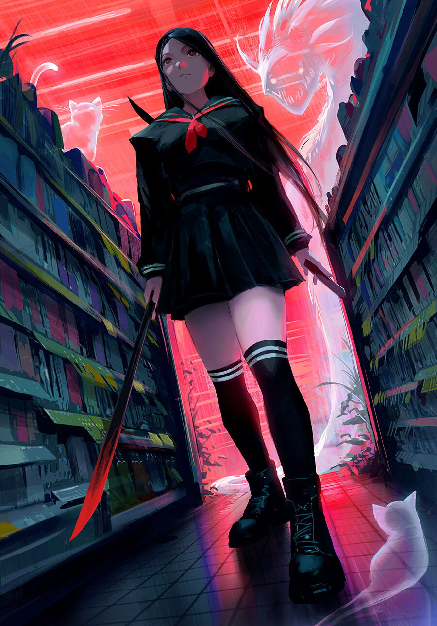日本动漫 女生拿着刀