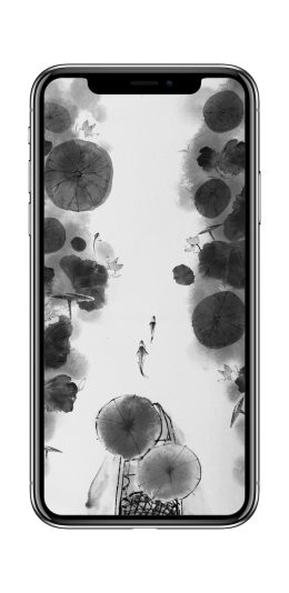 中国风 黑白 水墨画 荷花 船 鱼 全面屏 4k 手机桌面壁纸