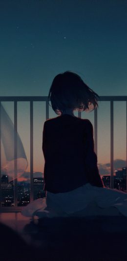 孤独的少女看着窗外的城市手机壁纸