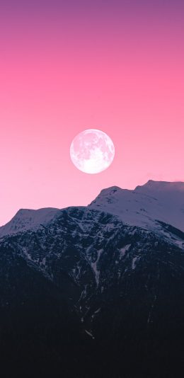 雪山 月亮 粉红的天空超清4K手机壁纸