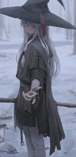 女巫 动漫女孩 素描 女巫帽 银发 眼罩 微笑 雪花4k手机壁纸竖屏