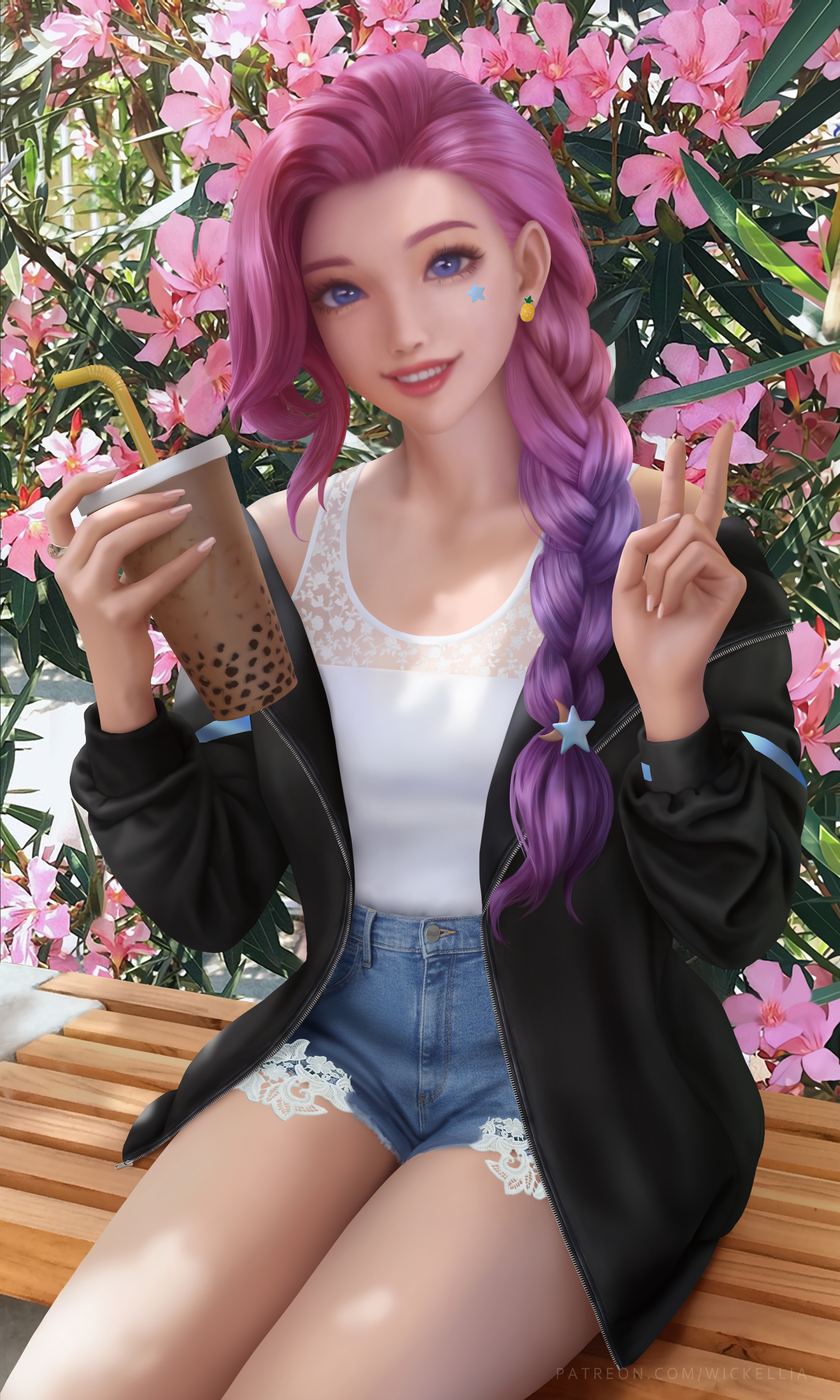 《英雄联盟lol》 塞拉菲娜 奶茶 拍照 公园 花丛 4k全面屏手机壁纸