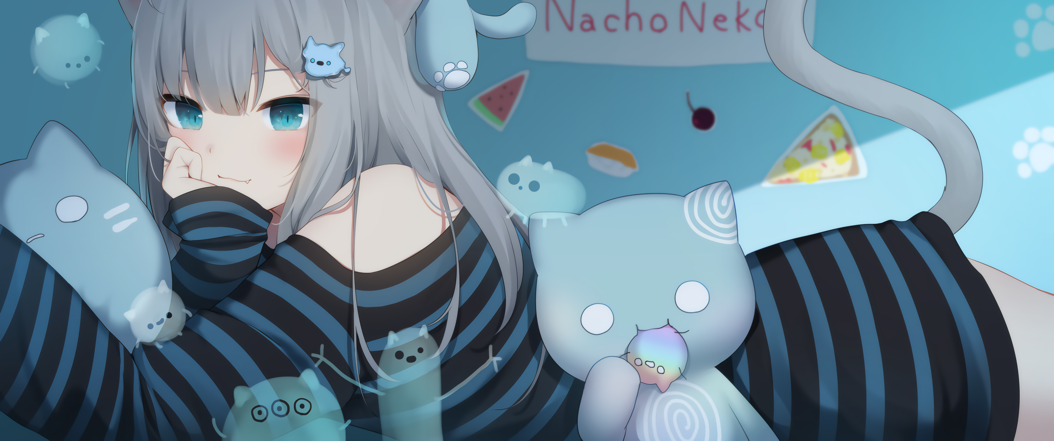【电脑壁纸】二次元可爱少女 蓝色眼睛 猫 尾巴3440×1440带鱼屏壁纸