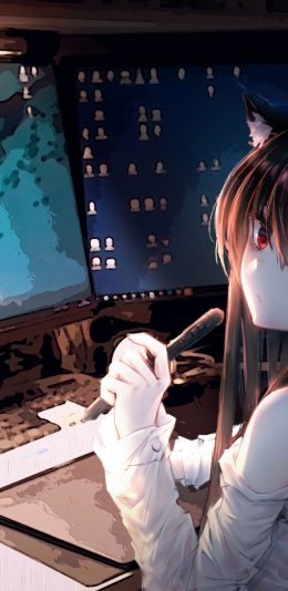 二次元美少女 红色眼睛 猫耳 萌 电脑 画画 4k动漫壁纸