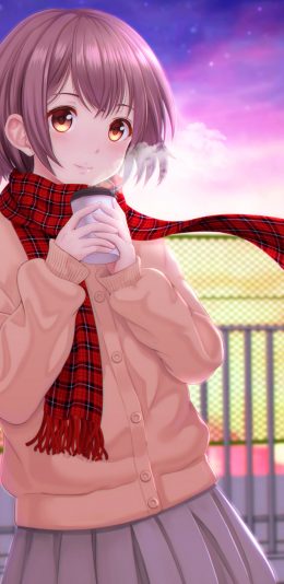 冬天 女生 羊毛衫 围巾 热咖啡 4k动漫手机壁纸竖屏