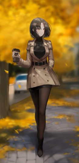 动漫女孩 微笑 黑色丝袜 秋天 公园 4k手机壁纸竖版