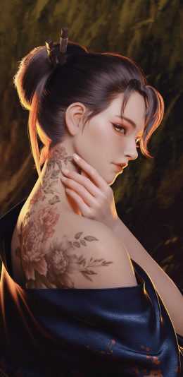 和服美女露肩 背部 纹身 4k手机壁纸竖屏美女全面屏