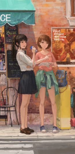 商店 两个女孩 手绘画2K手机壁纸