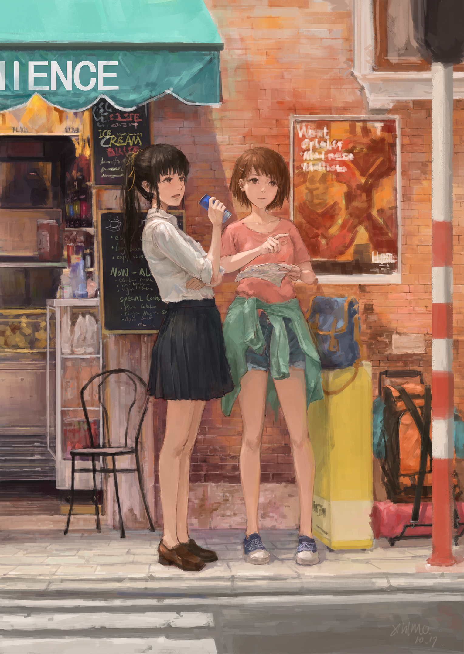 商店 两个女孩 手绘画2K手机壁纸