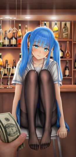 女子 女孩子 蓝色双马尾辫 丝袜 水手服制服 酒吧 4k全面屏手机壁纸