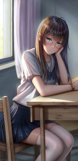女学生 眼镜 书桌 白色丝袜 水手服全面屏4k手机壁纸动漫美女