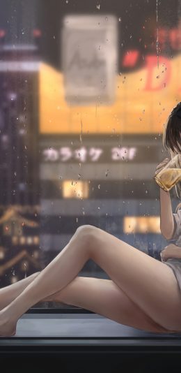 女孩喝啤酒 飘窗 城市夜景 雨天 猫 好看唯美4k动漫壁纸