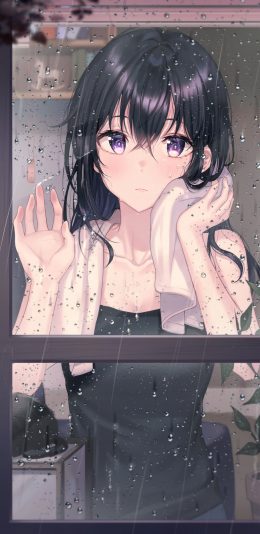 女孩子 黑发 湿发 雨天 玻璃窗 2k手机壁纸动漫