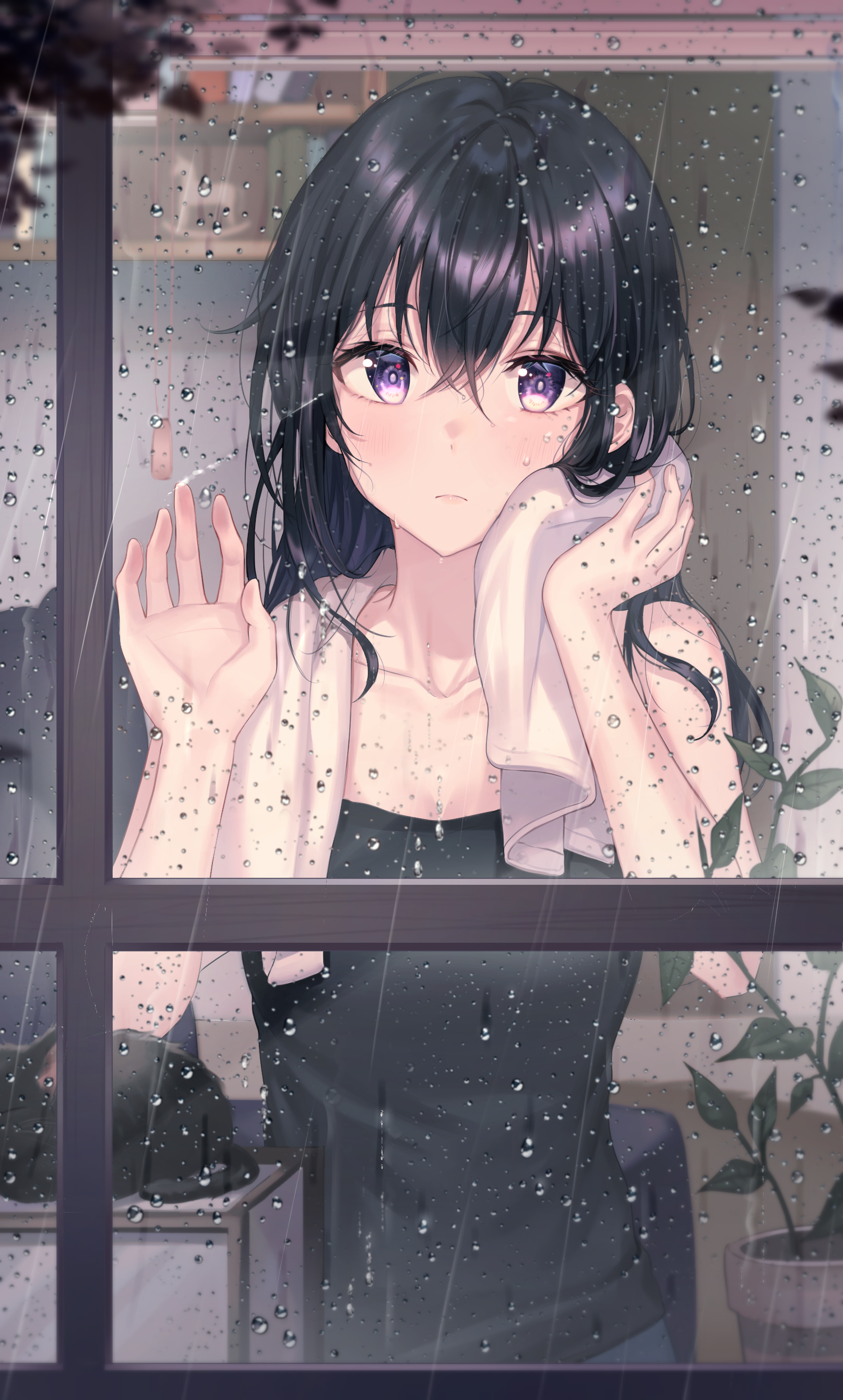 女孩子 黑发 湿发 雨天 玻璃窗 2k手机壁纸动漫