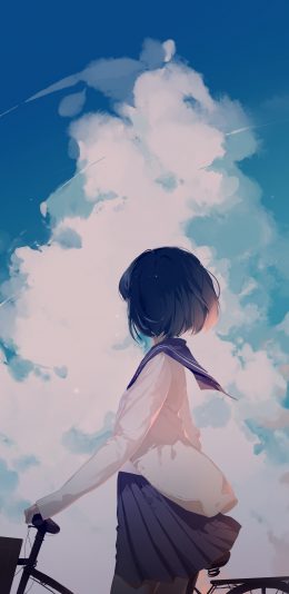 女生 黑发 校服 天空 自行车 手机壁纸