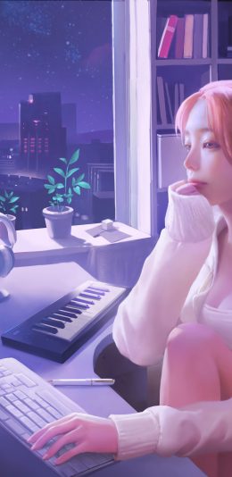 女生房间 少女马尾辫 夜晚 电脑 听音乐 好看二次元动漫4k壁纸