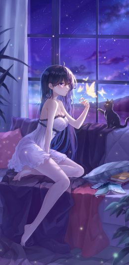 少女与猫 美腿 夜空 星空 唯美4k手机壁纸竖屏动漫美女