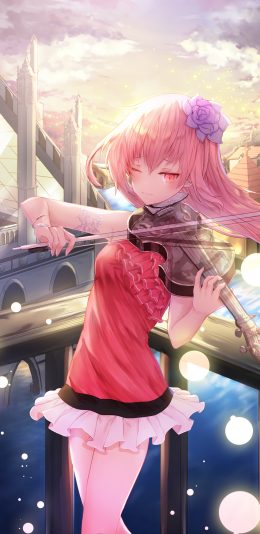 拉小提琴女生 红色眼睛 粉色长发 红色裙子 唯美动漫风景4k手机壁纸