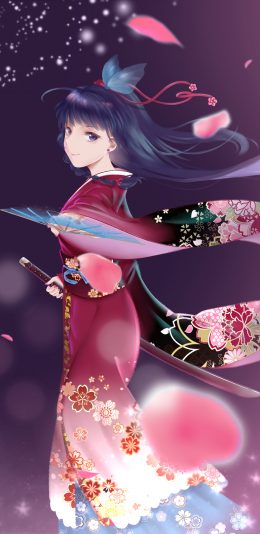 日本动漫和服女生 花瓣 武士刀 4k手机壁纸唯美