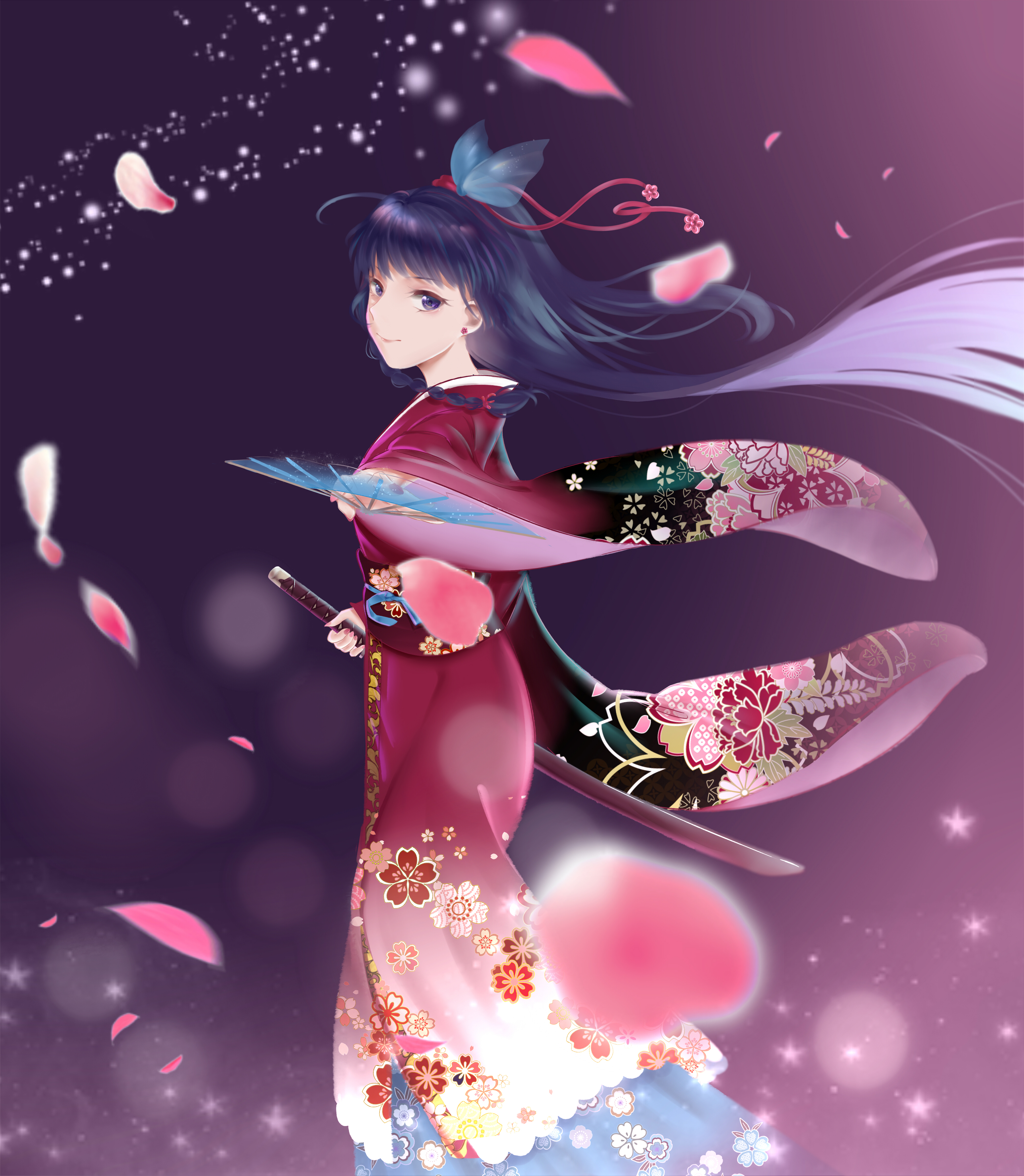 日本动漫和服女生 花瓣 武士刀 4k手机壁纸唯美