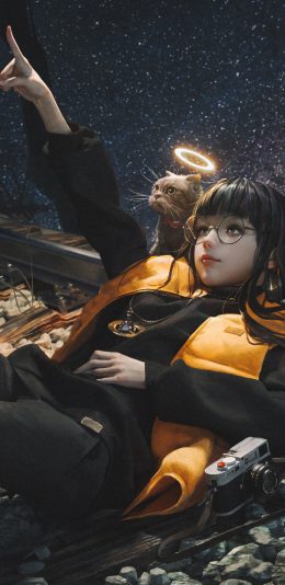 星空 少女 猫 火车轨道 2k全面屏手机壁纸动漫