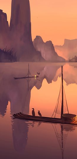 【电脑壁纸】晚上 湖水 女孩 竹排 渔船 鸟 灯 好看二次元动漫4k壁纸3840x2160