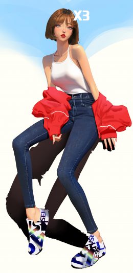 短发个性美女 牛仔收身长裤 长腿4k手机壁纸【2160x3840】