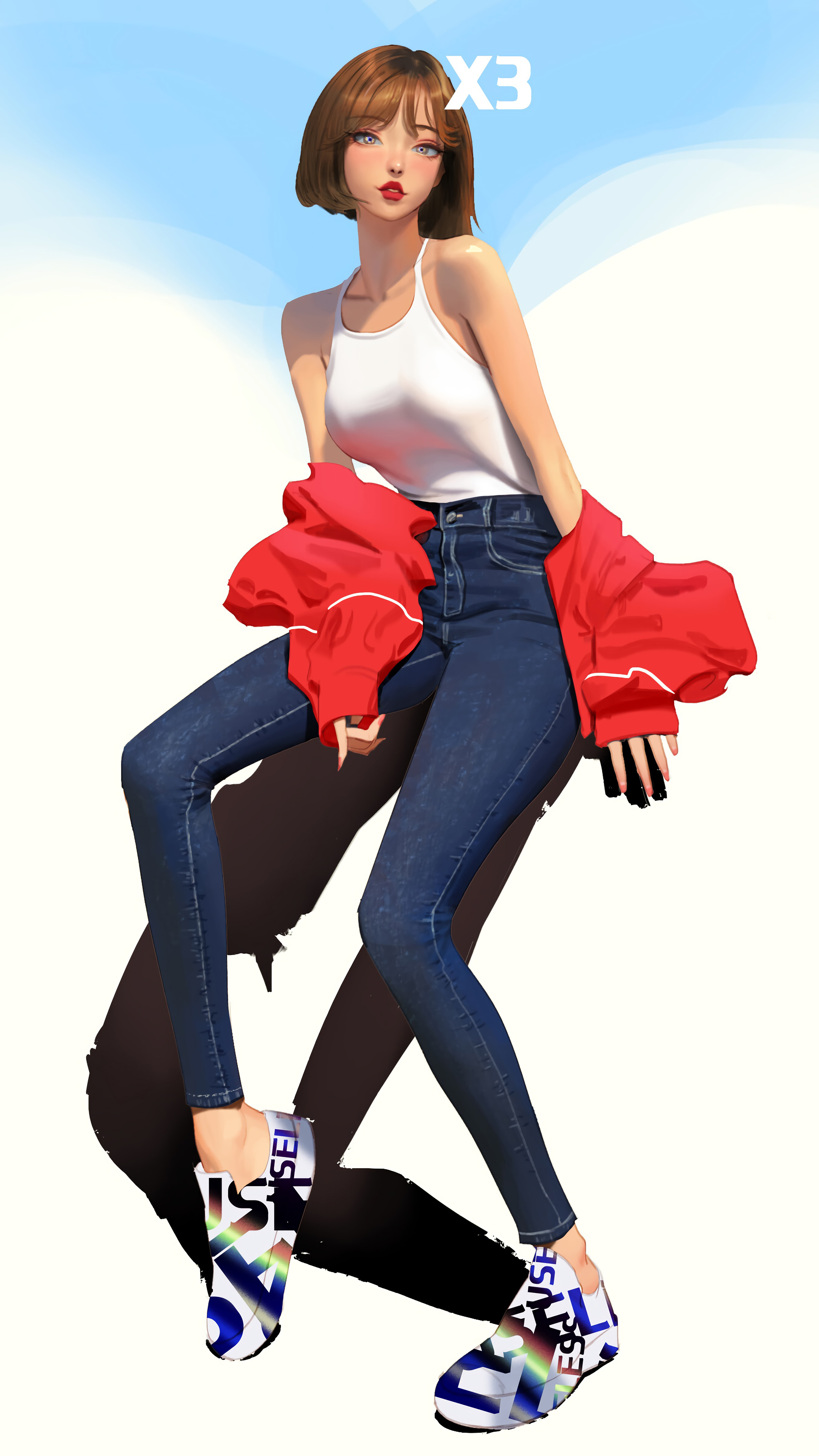 短发个性美女 牛仔收身长裤 长腿4k手机壁纸【2160×3840】