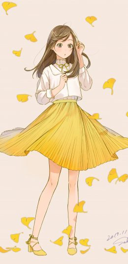 秋天 秋叶 可爱动漫少女 黄色裙子4k手机壁纸竖屏