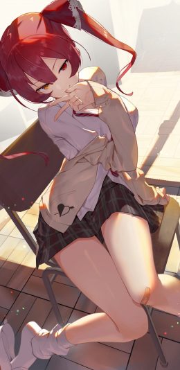 [1710x3000]红色头发动漫女孩v字手势 学生装 3k手机壁纸