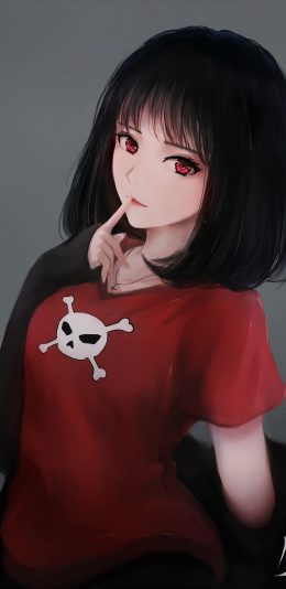 红色眼睛短发动漫美女5k手机壁纸