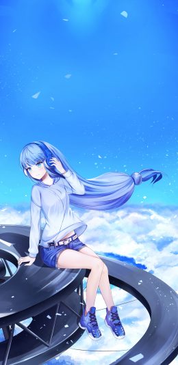 蓝色天空风景 长头发少女 牛仔短裤 音乐 唯美动漫4k高清壁纸手机竖屏