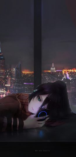 都市景观 动漫美女 趴在桌子上听音乐 4k动漫壁纸