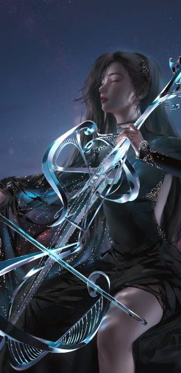 长发女子 黑色裙子 小提琴 唯美好看4k手机壁纸竖屏